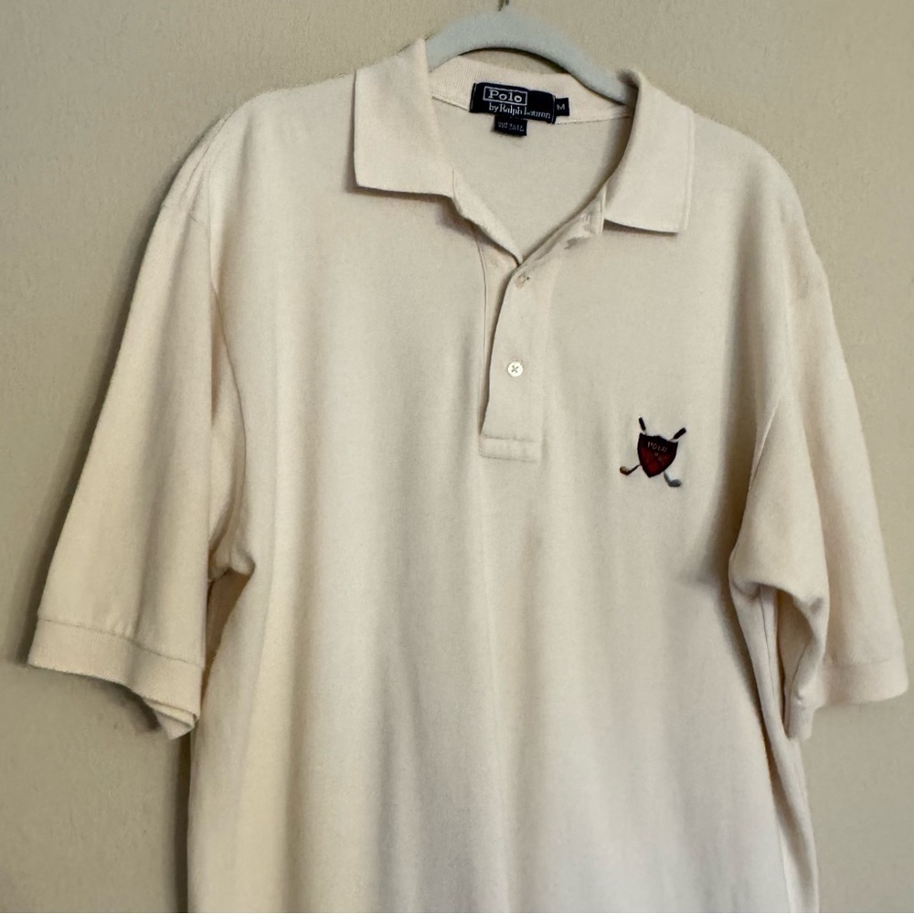 Vintage Polo Ralph Lauren Golf Shirt Sz Medium Ivory Logo Crest Preppy Academia